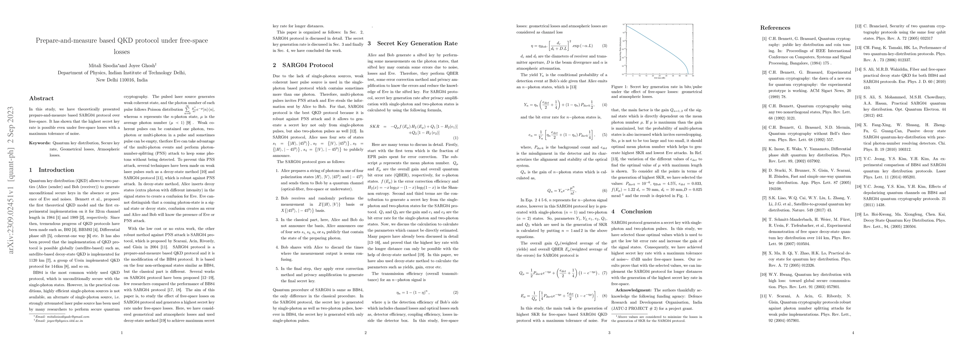 Thumbnail for Prepare-and-measure based QKD protocol under free-space losses