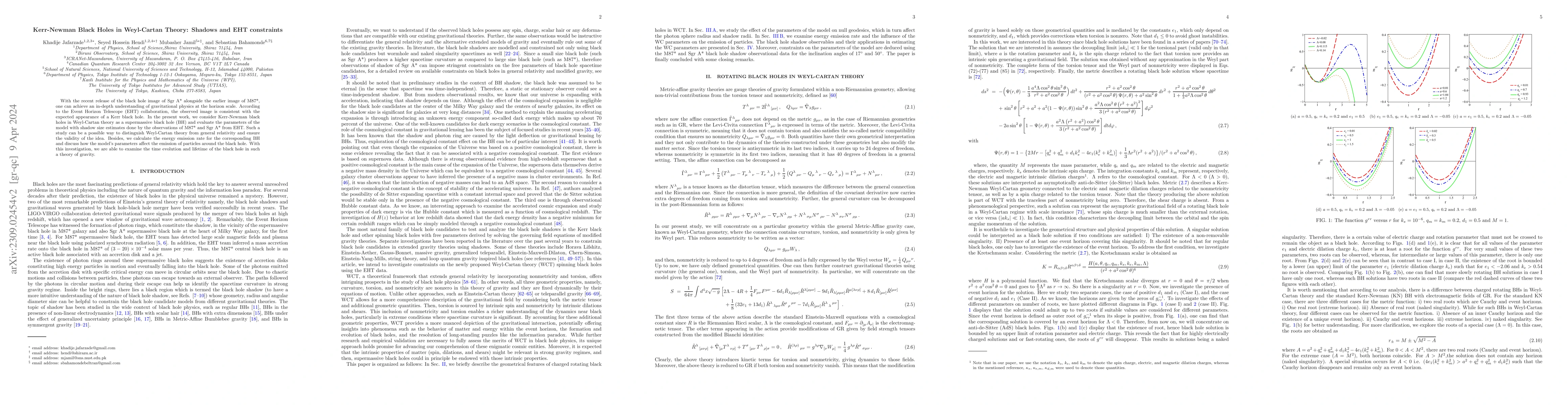 Thumbnail for Kerr-Newman Black Holes in Weyl-Cartan Theory: Shadows and EHT
  constraints
