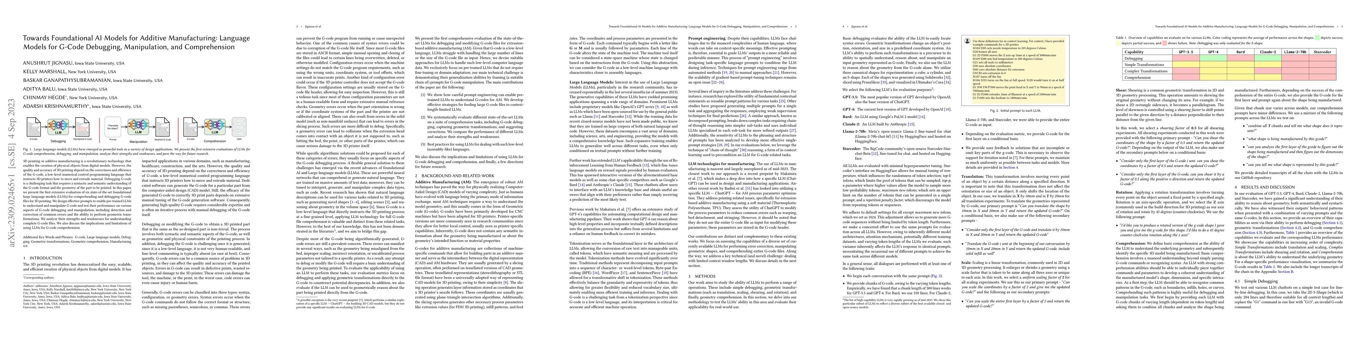 Thumbnail for Towards Foundational AI Models for Additive Manufacturing: Language
  Models for G-Code Debugging, Manipulation, and Comprehension