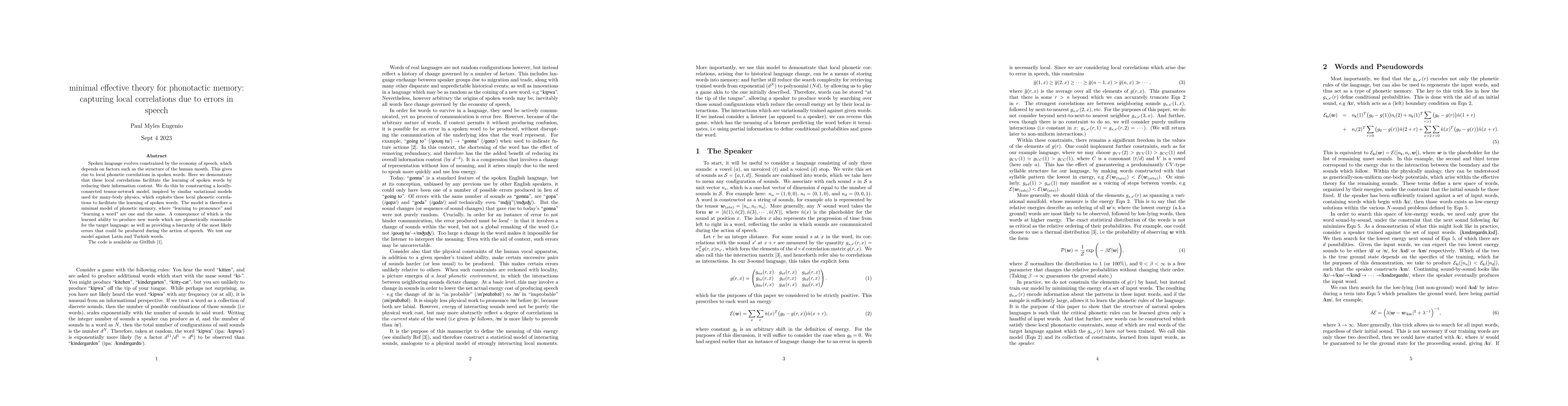 Thumbnail for Minimal Effective Theory for Phonotactic Memory: Capturing Local
  Correlations due to Errors in Speech