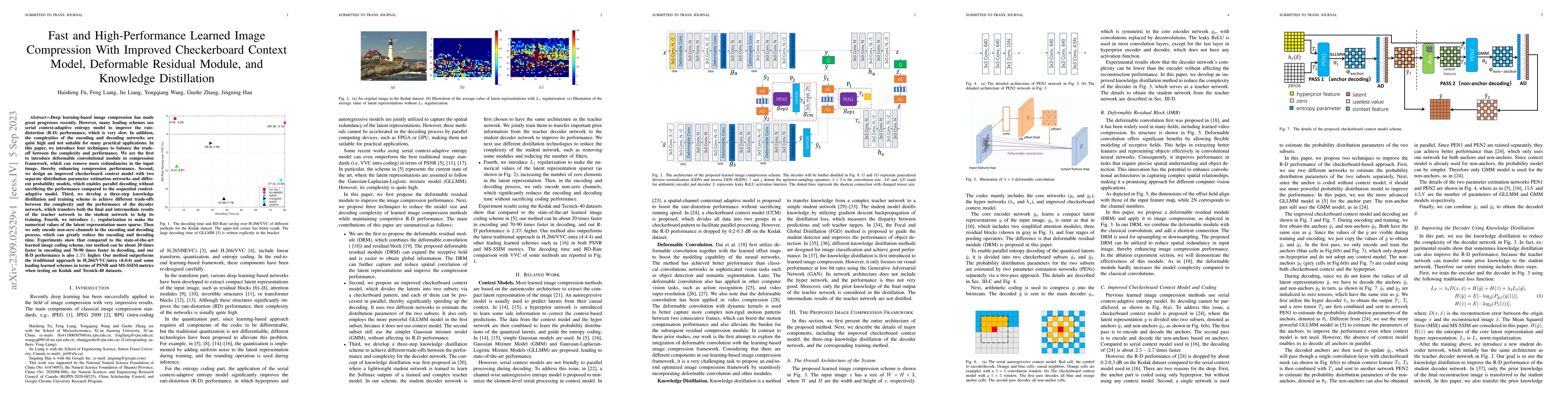 Thumbnail for Fast and High-Performance Learned Image Compression With Improved
  Checkerboard Context Model, Deformable Residual Module, and Knowledge
  Distillation