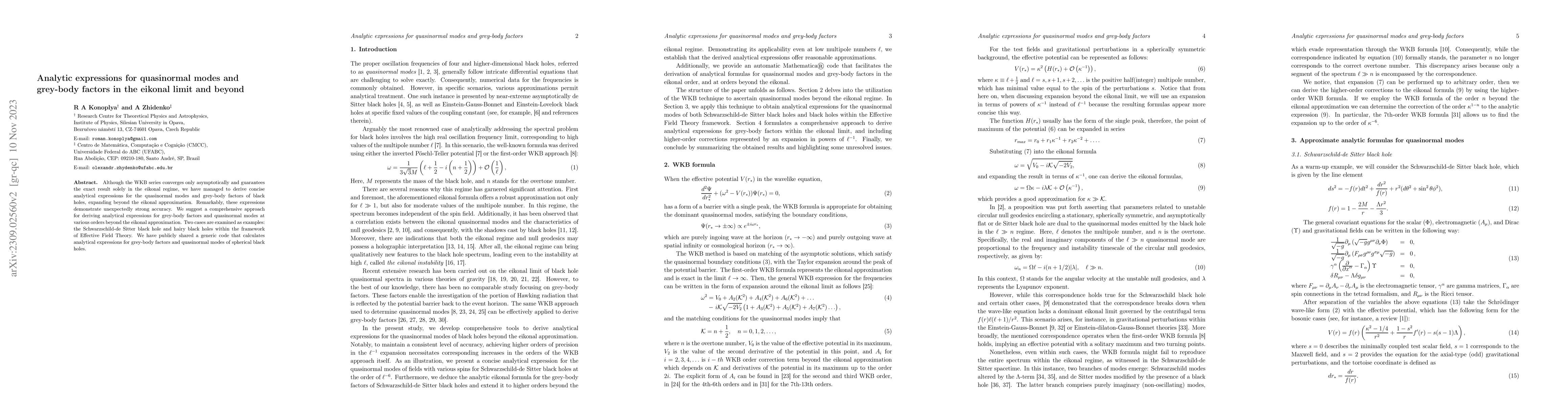 Thumbnail for Analytic expressions for quasinormal modes and grey-body factors in the
  eikonal limit and beyond