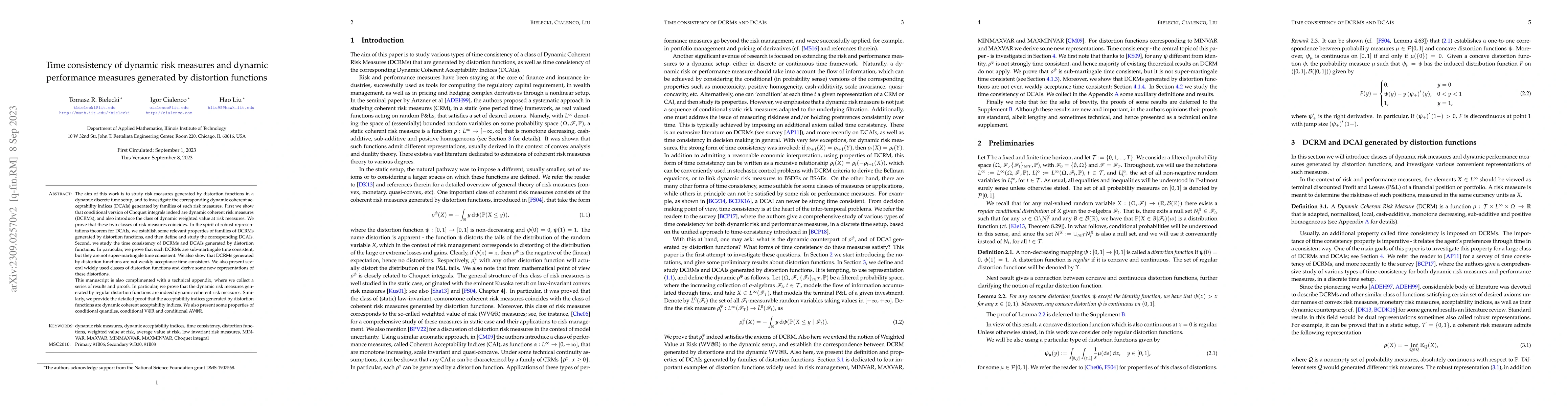 Thumbnail for Time consistency of dynamic risk measures and dynamic performance
  measures generated by distortion functions