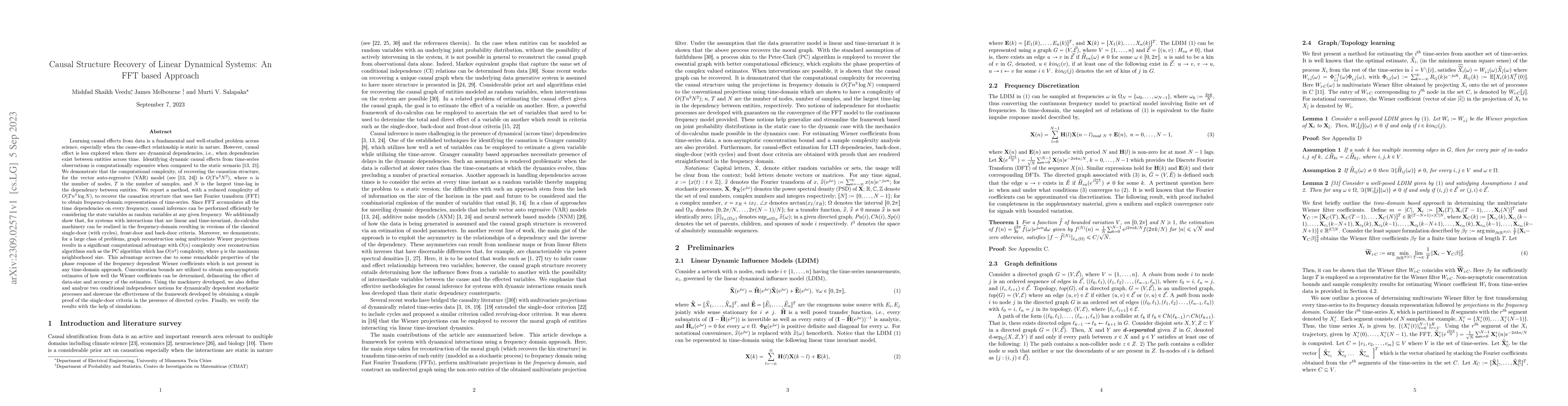 Thumbnail for Causal Structure Recovery of Linear Dynamical Systems: An FFT based
  Approach