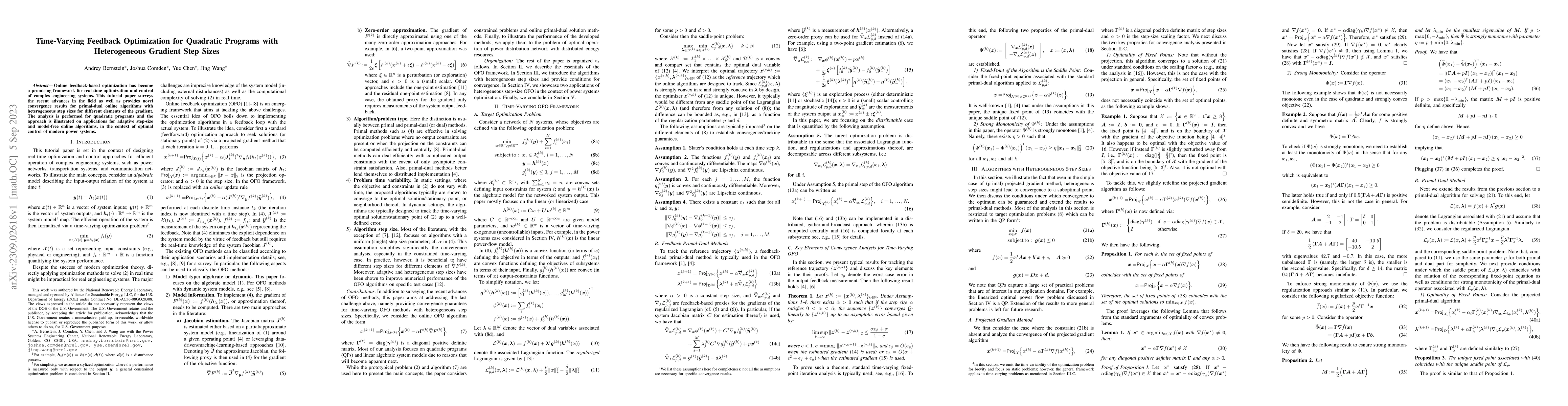 Thumbnail for Time-Varying Feedback Optimization for Quadratic Programs with
  Heterogeneous Gradient Step Sizes