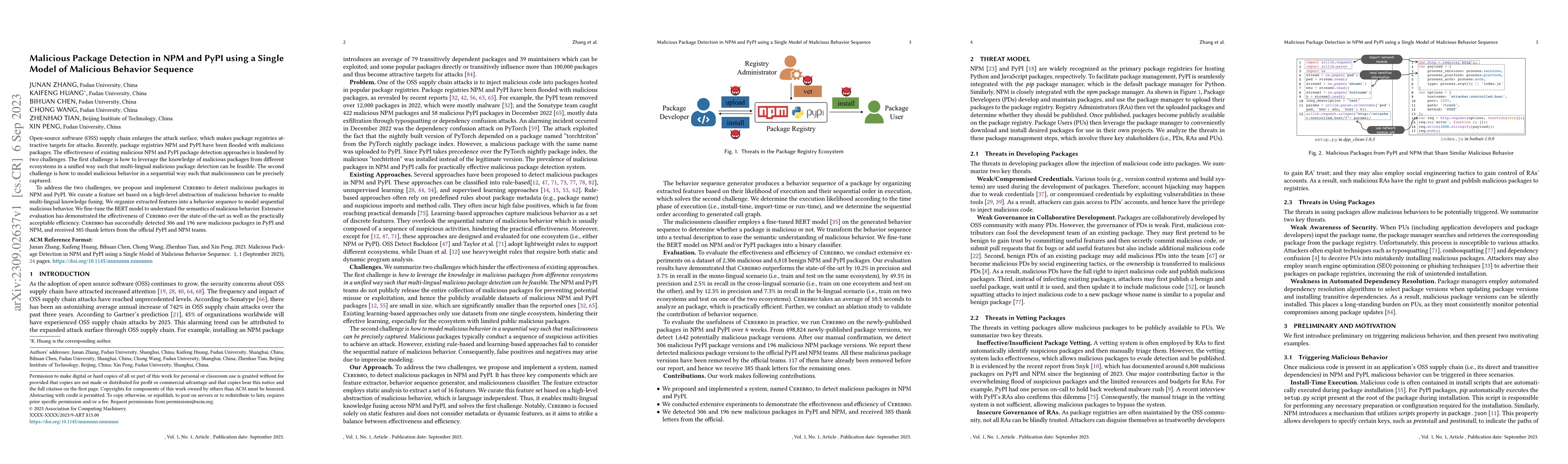 Thumbnail for Malicious Package Detection in NPM and PyPI using a Single Model of
  Malicious Behavior Sequence