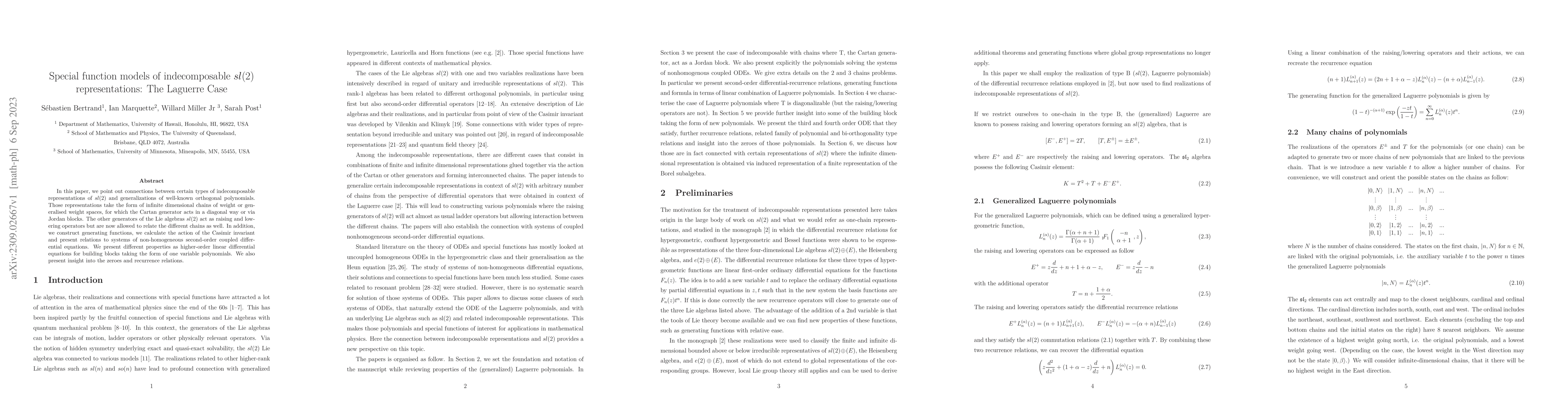 Thumbnail for Special function models of indecomposable $sl(2)$ representations: The
  Laguerre Case