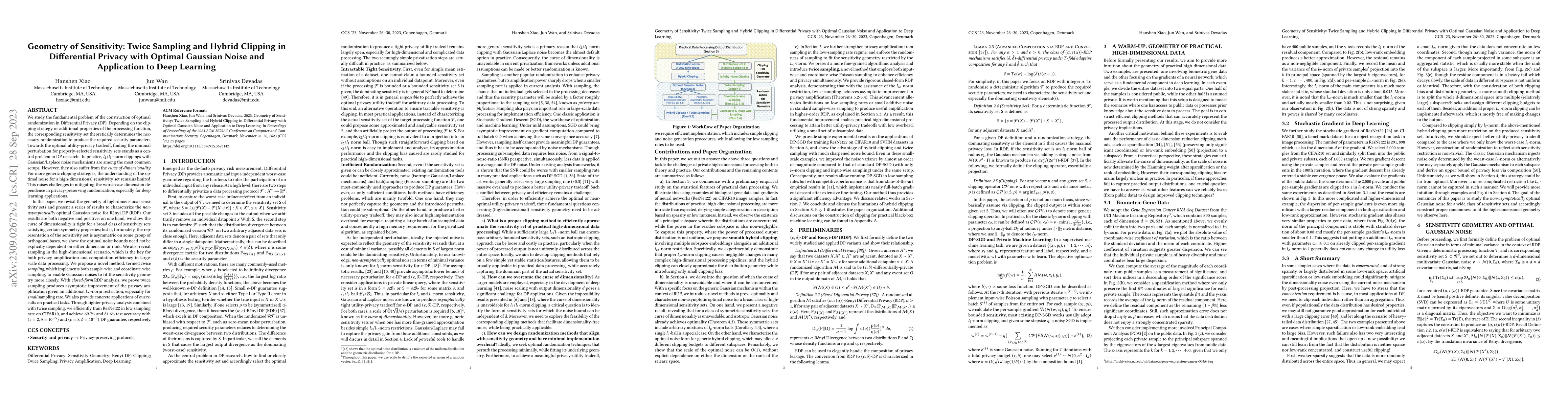 Thumbnail for Geometry of Sensitivity: Twice Sampling and Hybrid Clipping in
  Differential Privacy with Optimal Gaussian Noise and Application to Deep
  Learning