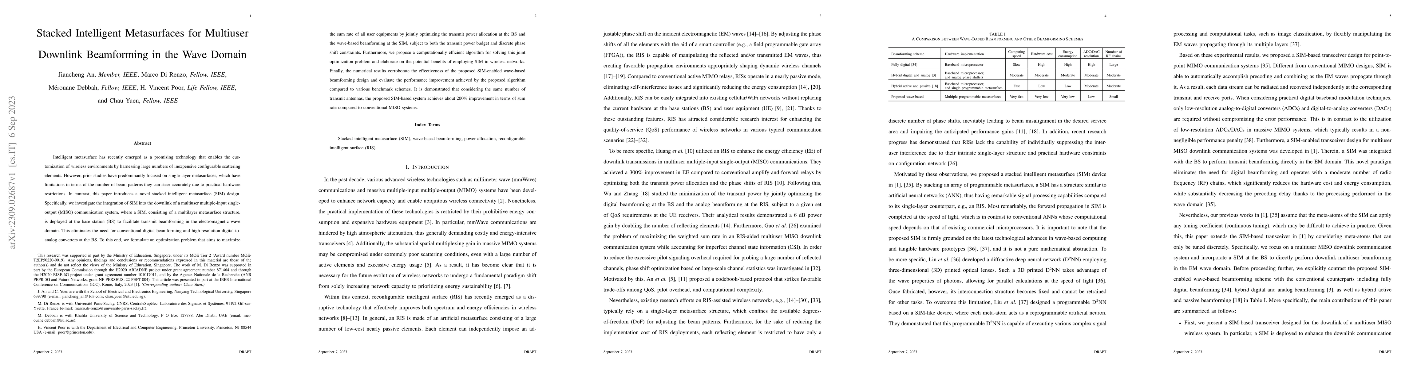 Thumbnail for Stacked Intelligent Metasurfaces for Multiuser Downlink Beamforming in
  the Wave Domain