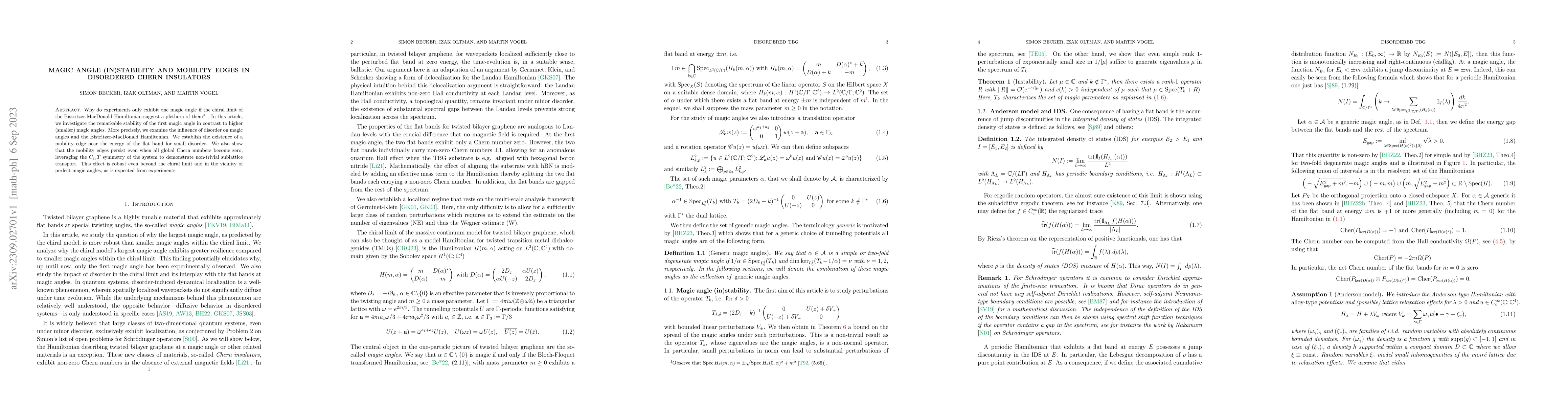 Thumbnail for Magic angle (in)stability and mobility edges in disordered Chern
  insulators