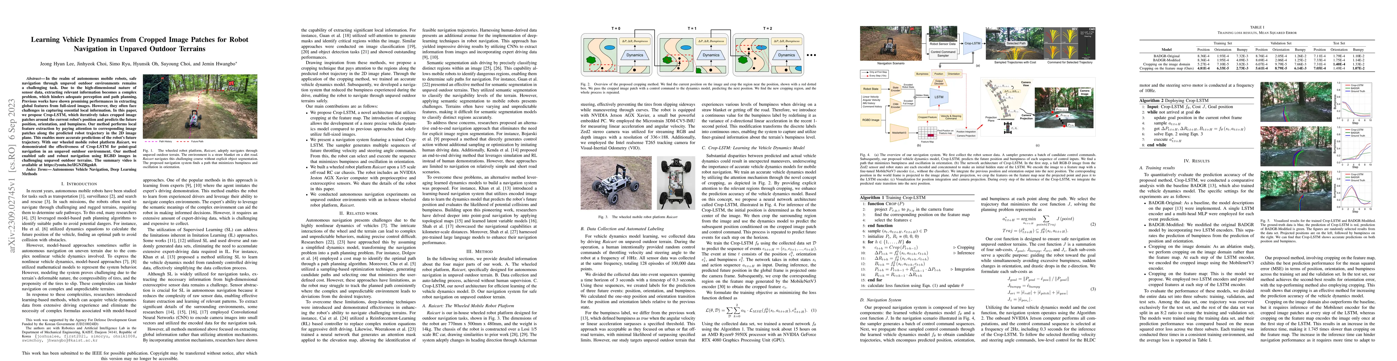 Thumbnail for Learning Vehicle Dynamics from Cropped Image Patches for Robot
  Navigation in Unpaved Outdoor Terrains