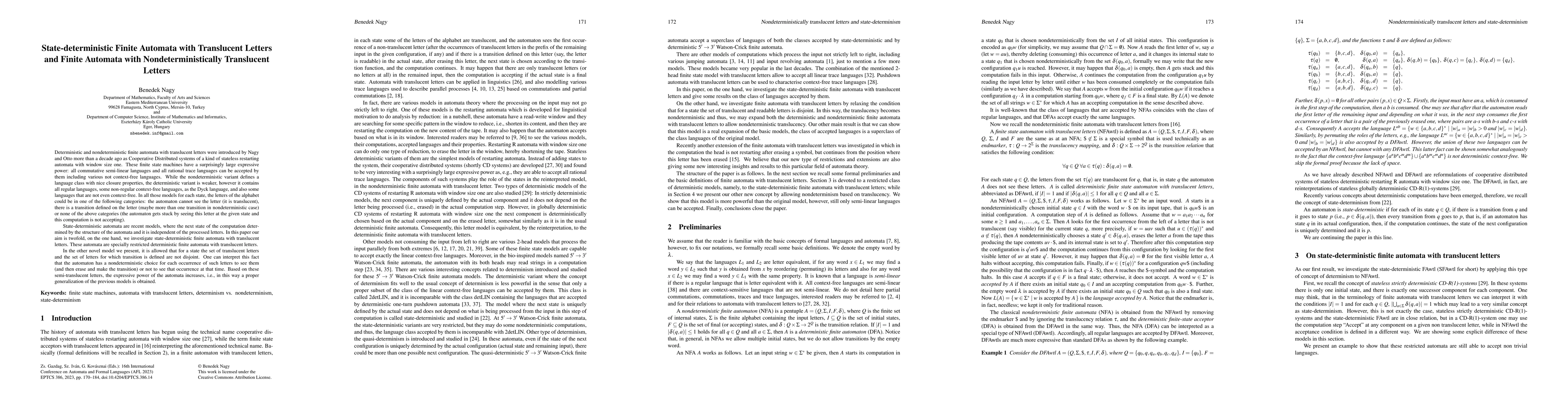 Thumbnail for State-deterministic Finite Automata with Translucent Letters and Finite
  Automata with Nondeterministically Translucent Letters