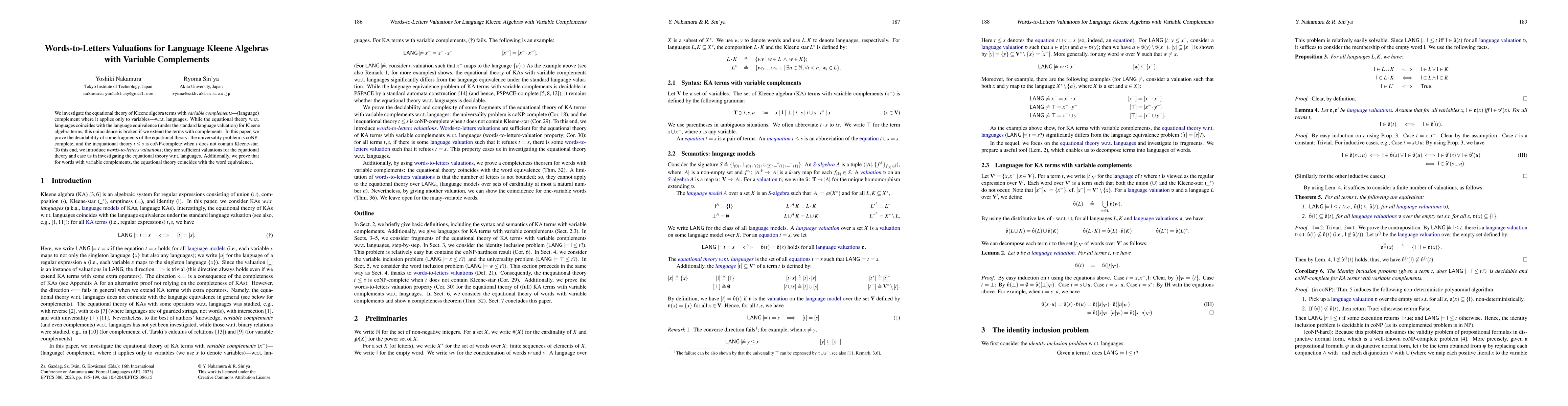 Thumbnail for Words-to-Letters Valuations for Language Kleene Algebras with Variable
  Complements