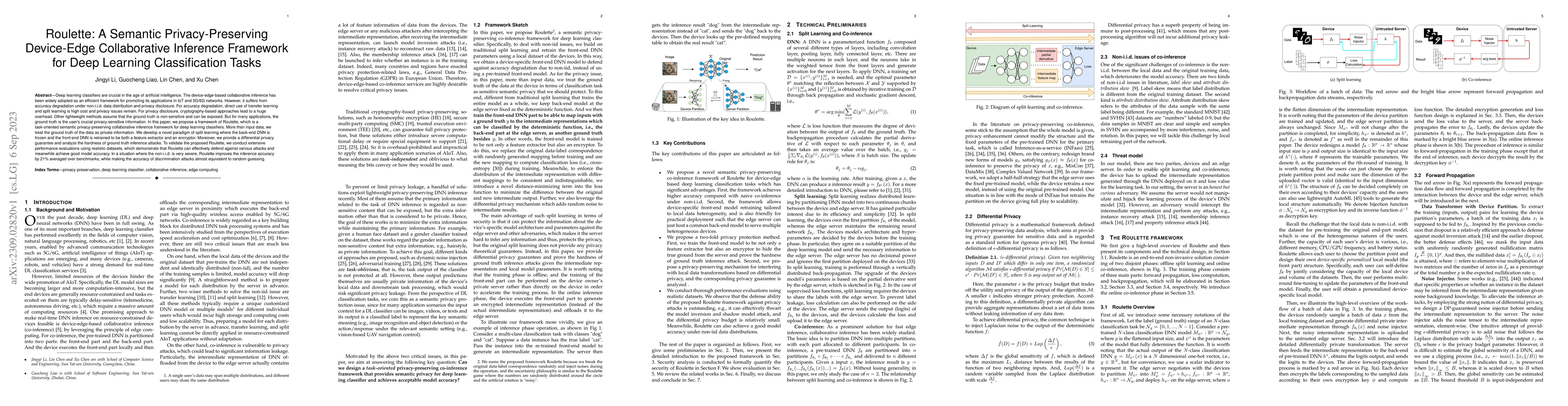 Thumbnail for Roulette: A Semantic Privacy-Preserving Device-Edge Collaborative
  Inference Framework for Deep Learning Classification Tasks