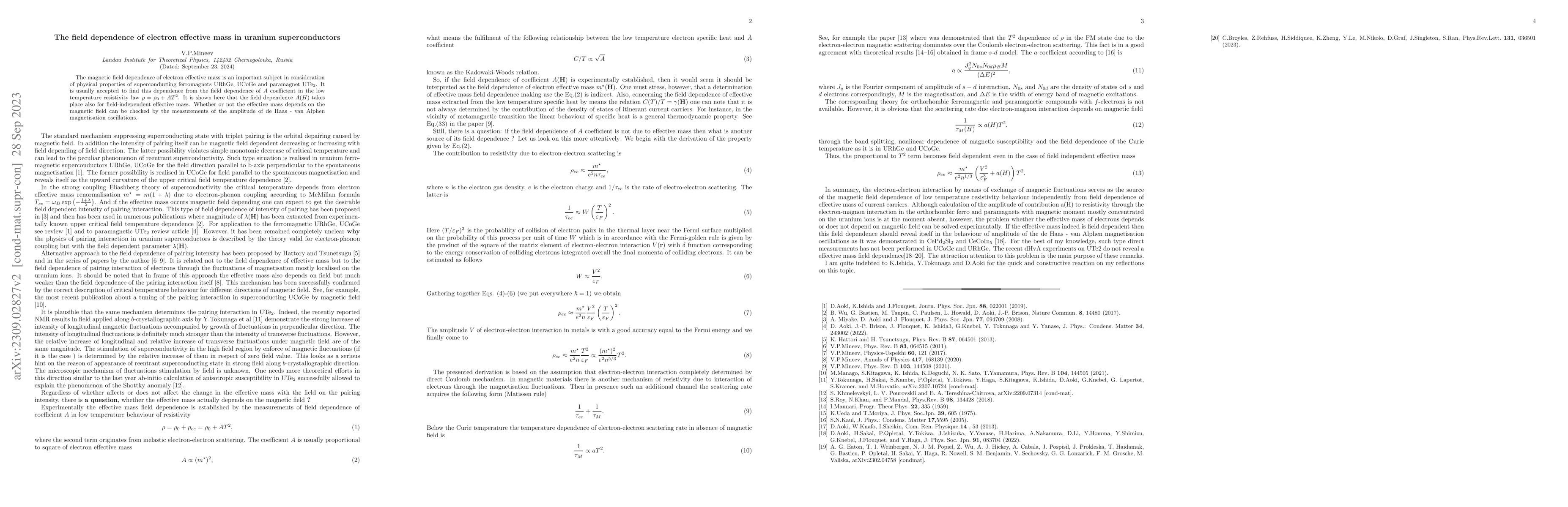 Thumbnail for The field dependence of electron effective mass in uranium
  superconductors