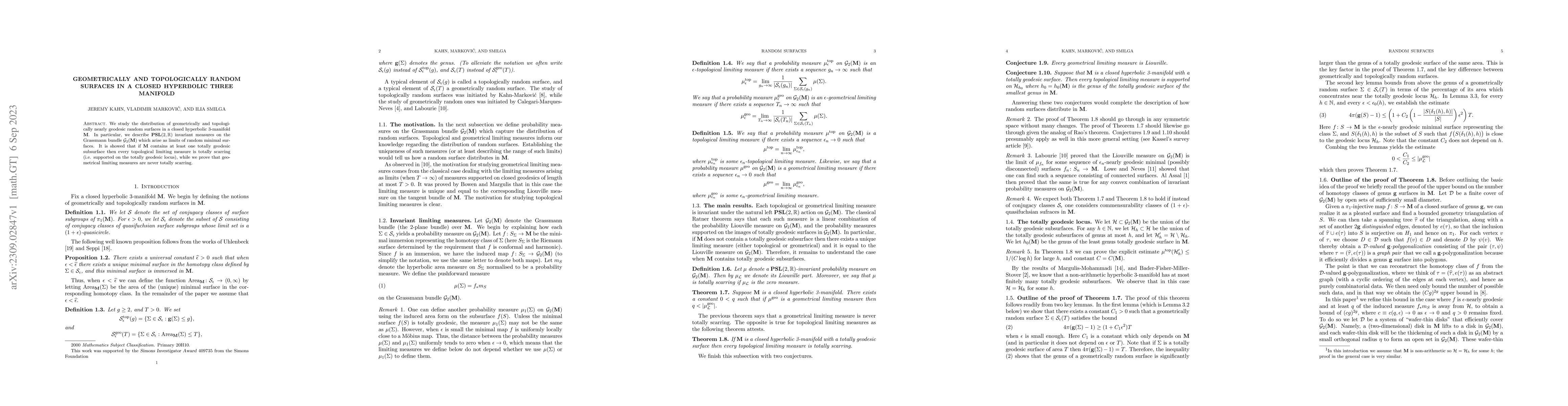 Thumbnail for Geometrically and topologically random surfaces in a closed hyperbolic
  three manifold