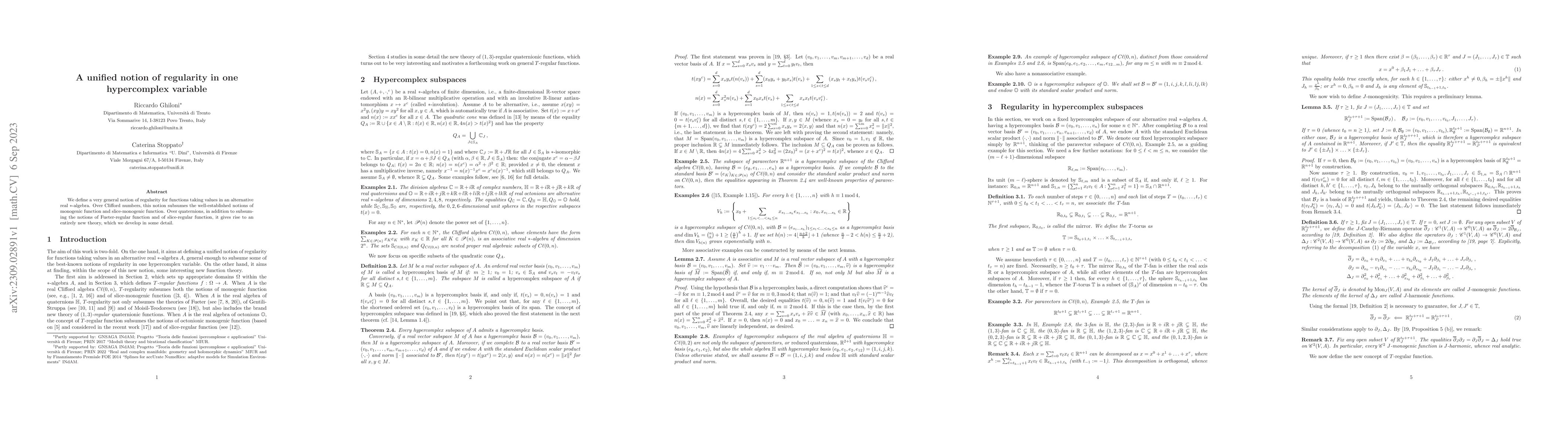 Thumbnail for A unified notion of regularity in one hypercomplex variable