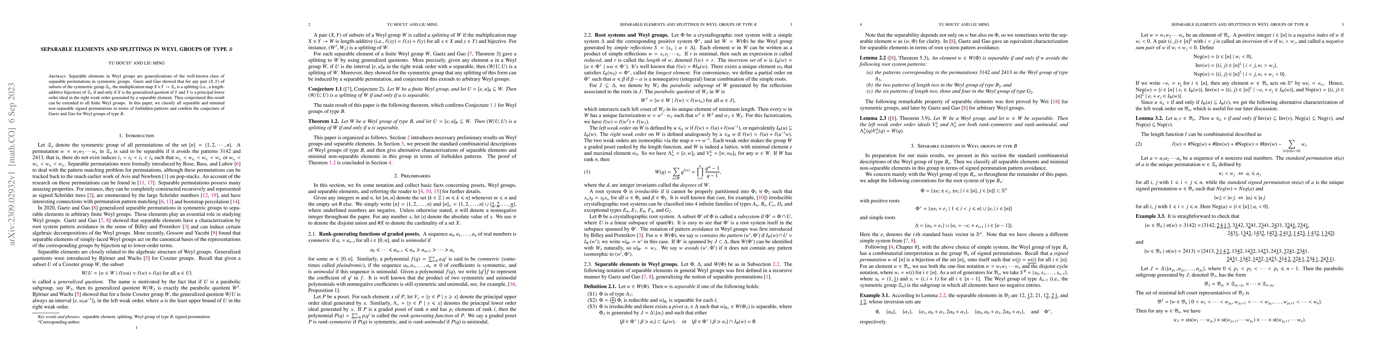 Thumbnail for Separable elements and splittings in Weyl groups of Type $B$