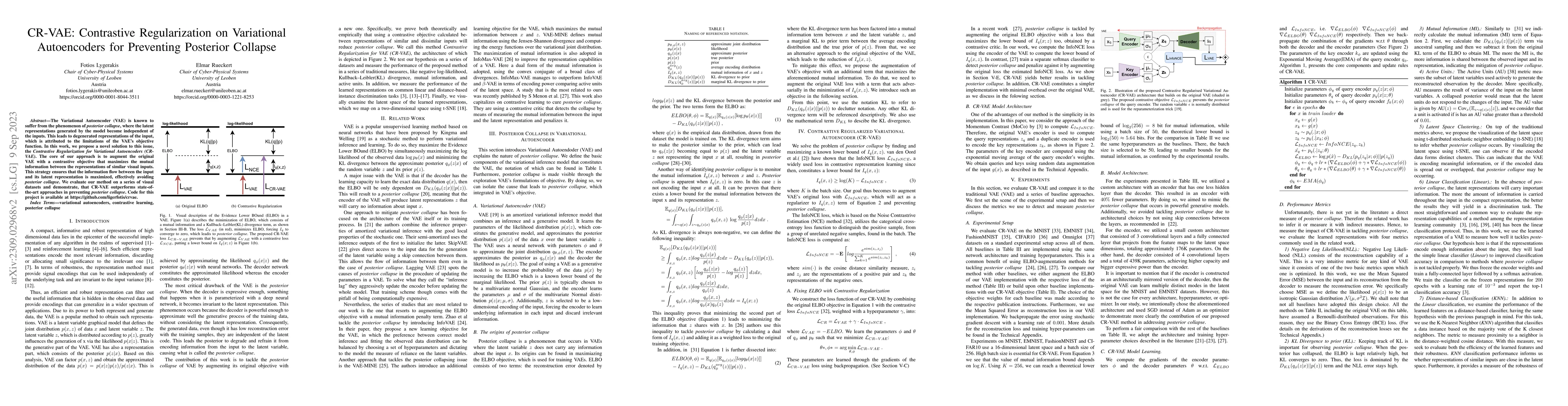 Thumbnail for CR-VAE: Contrastive Regularization on Variational Autoencoders for
  Preventing Posterior Collapse