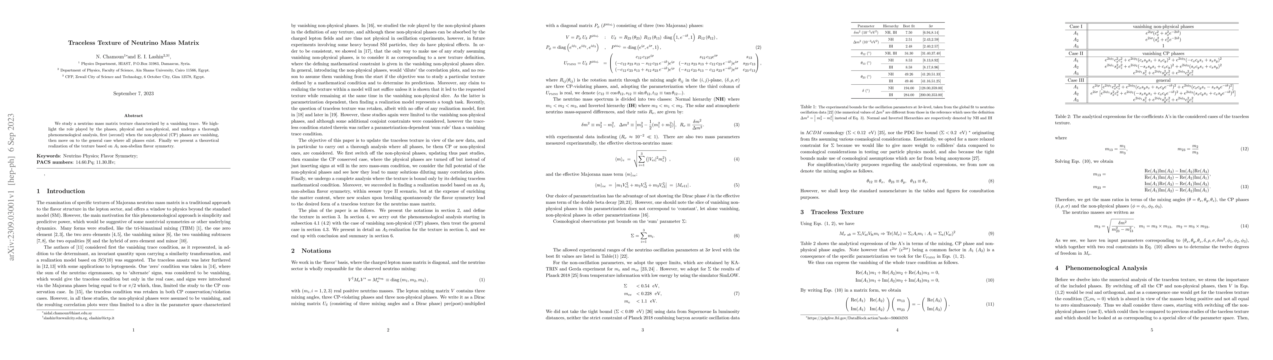 Thumbnail for Traceless Texture of Neutrino Mass Matrix