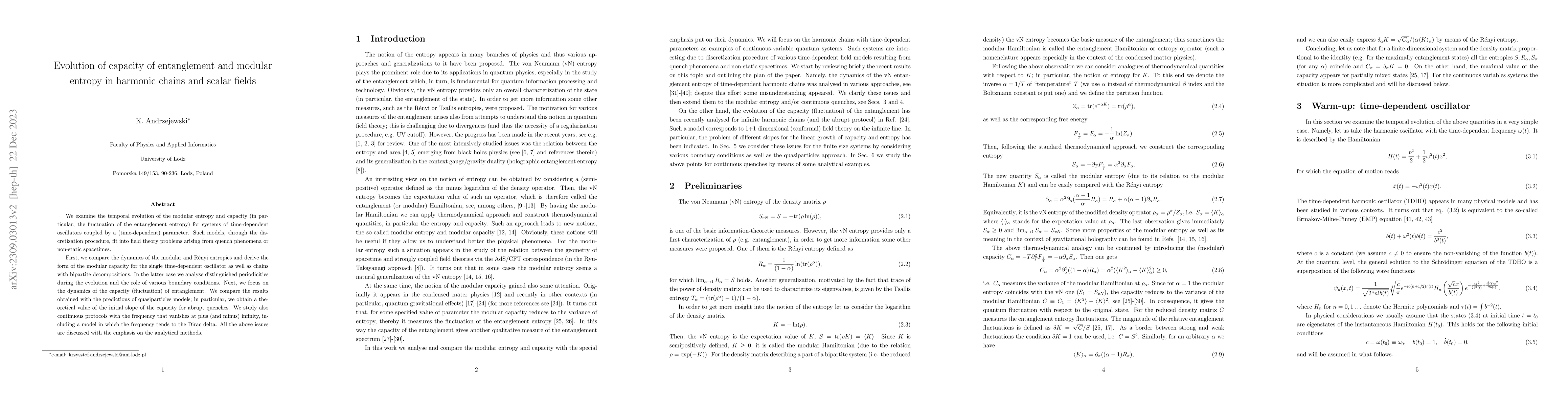 Thumbnail for Evolution of capacity of entanglement and modular entropy in harmonic
  chains and scalar fields