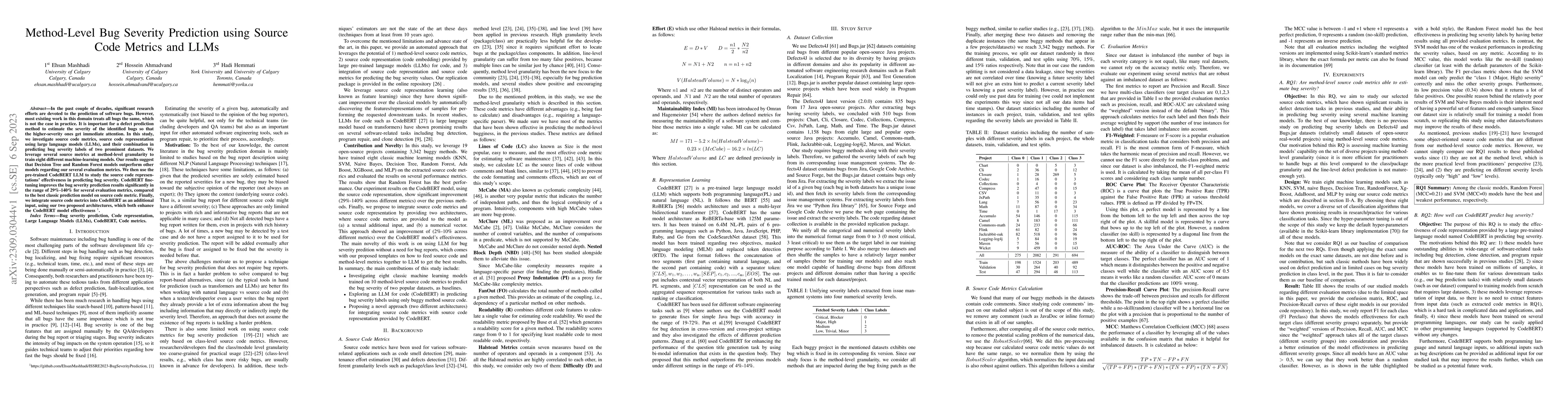Thumbnail for Method-Level Bug Severity Prediction using Source Code Metrics and LLMs