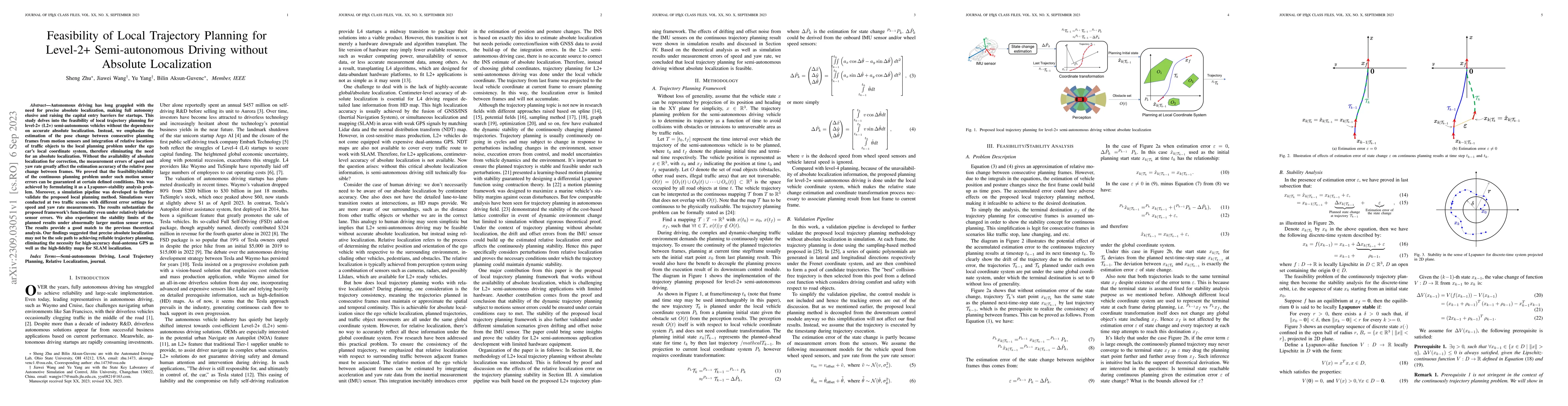 Thumbnail for Feasibility of Local Trajectory Planning for Level-2+ Semi-autonomous
  Driving without Absolute Localization