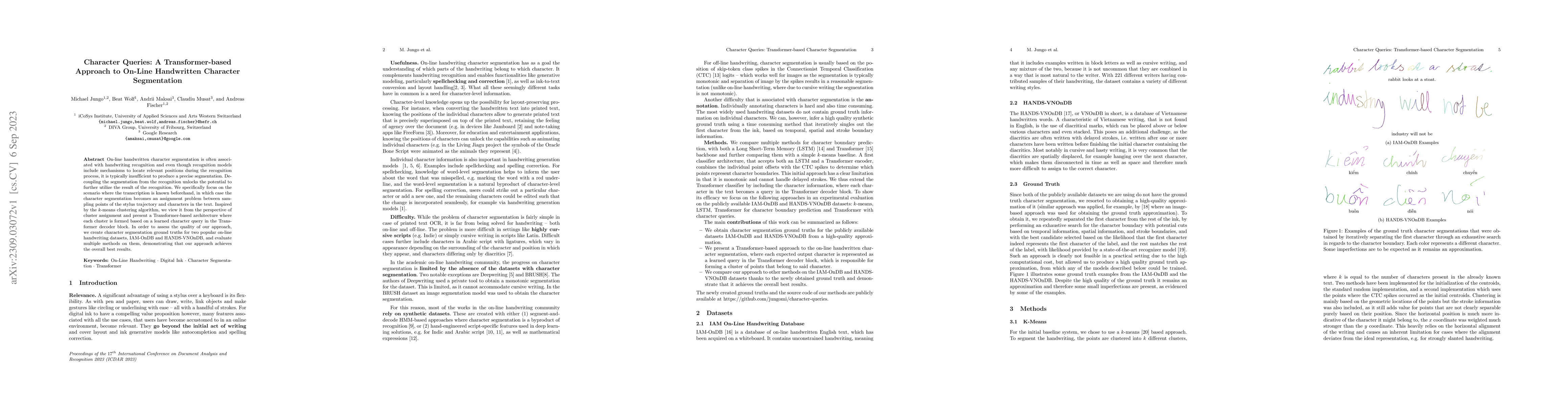Thumbnail for Character Queries: A Transformer-based Approach to On-Line Handwritten
  Character Segmentation