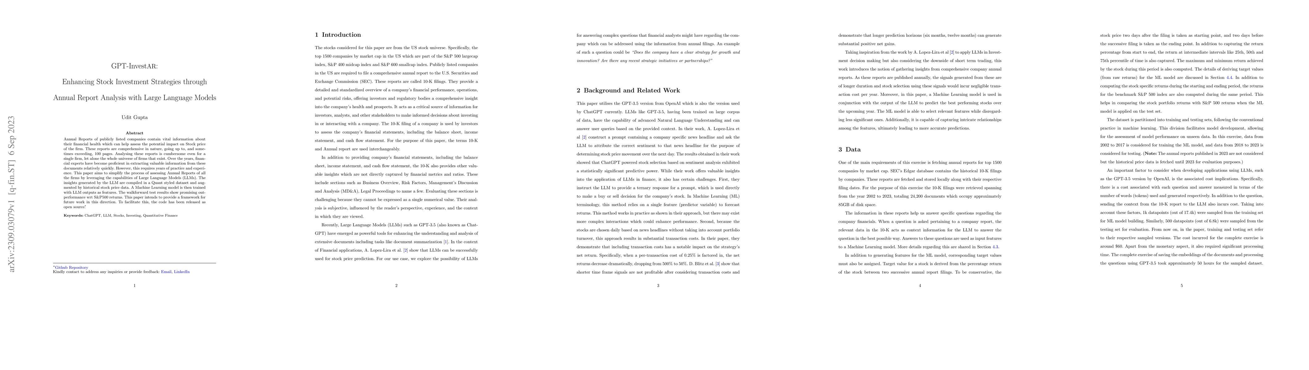 Thumbnail for GPT-InvestAR: Enhancing Stock Investment Strategies through Annual
  Report Analysis with Large Language Models