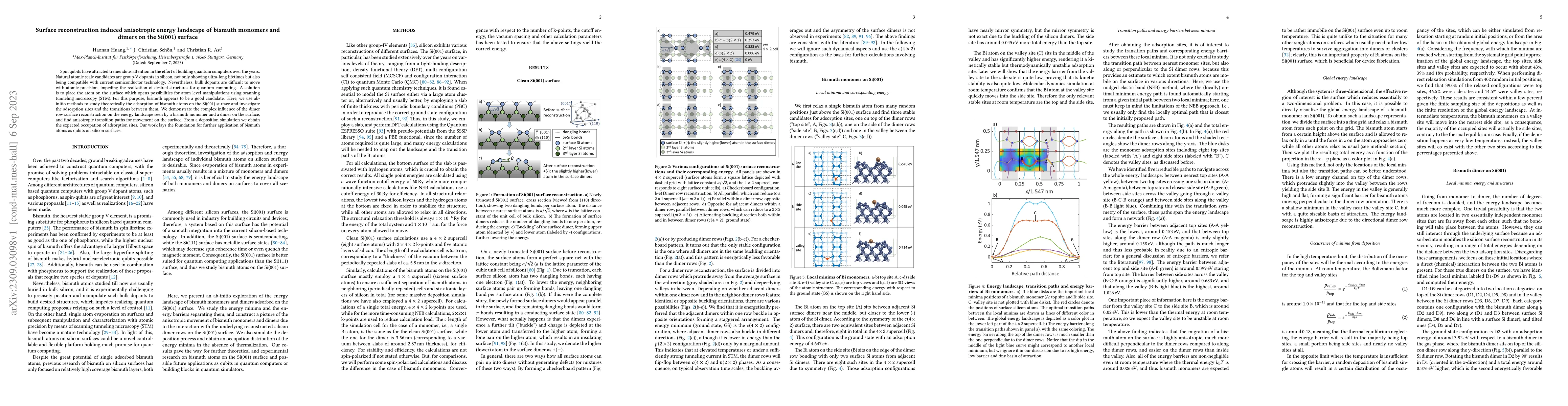 Thumbnail for Surface reconstruction induced anisotropic energy landscape of bismuth
  monomers and dimers on the Si(001) surface
