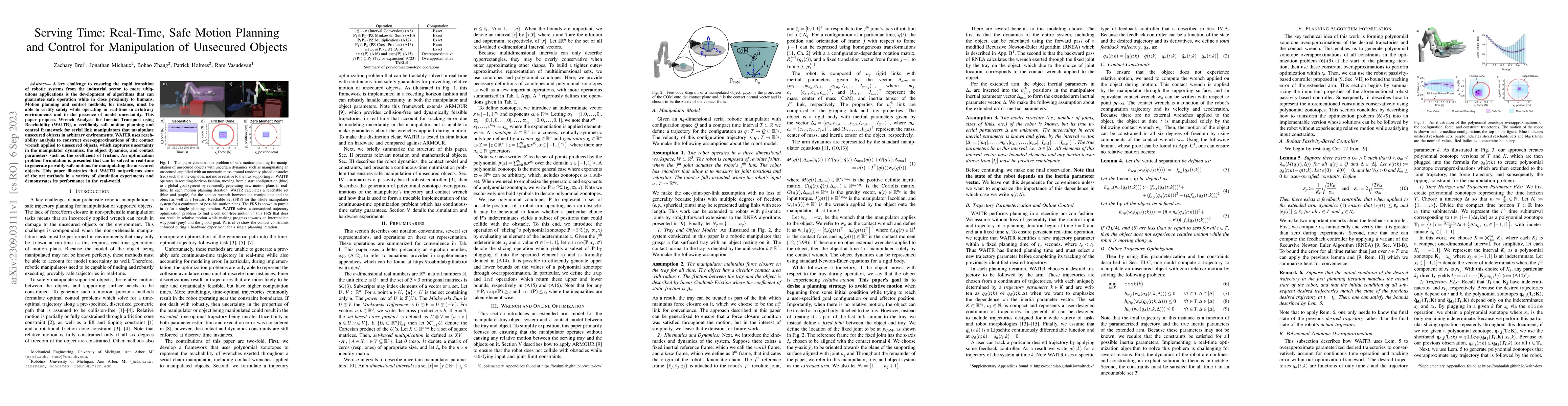 Thumbnail for Serving Time: Real-Time, Safe Motion Planning and Control for
  Manipulation of Unsecured Objects