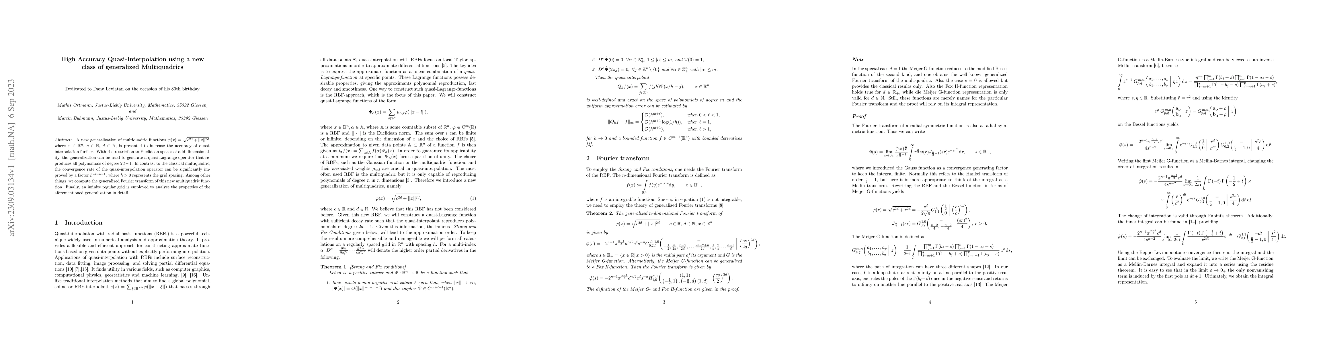 Thumbnail for High Accuracy Quasi-Interpolation using a new class of generalized
  Multiquadrics