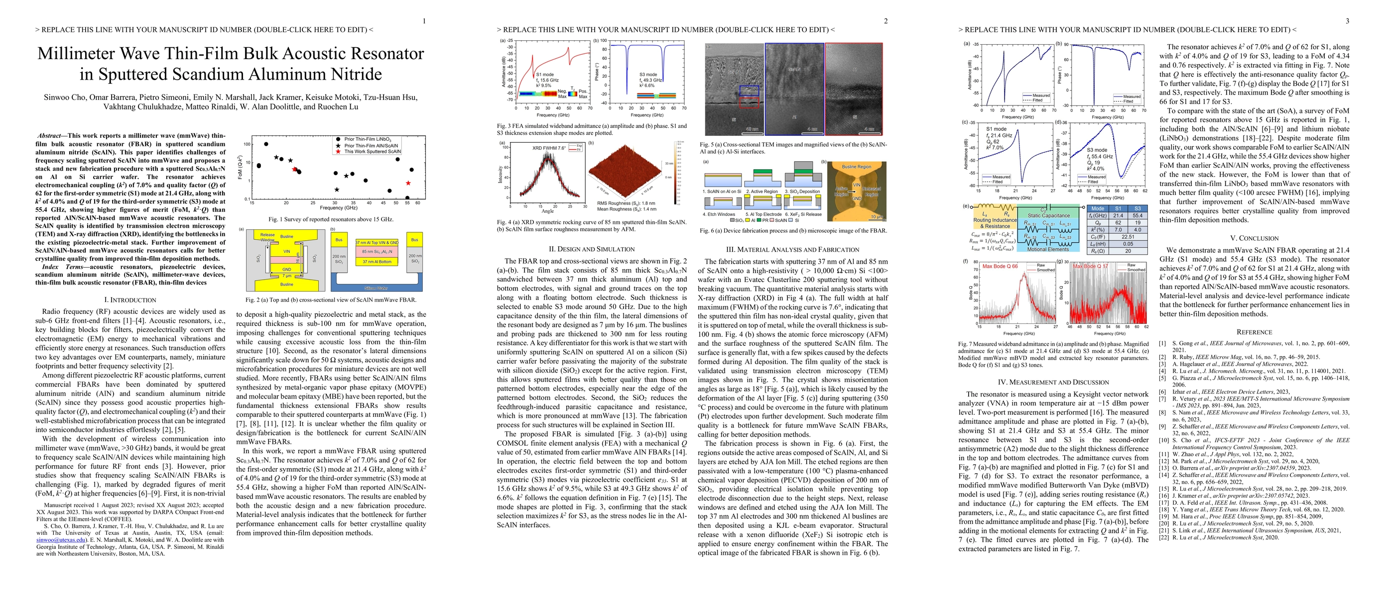 Thumbnail for Millimeter Wave Thin-Film Bulk Acoustic Resonator in Sputtered Scandium
  Aluminum Nitride