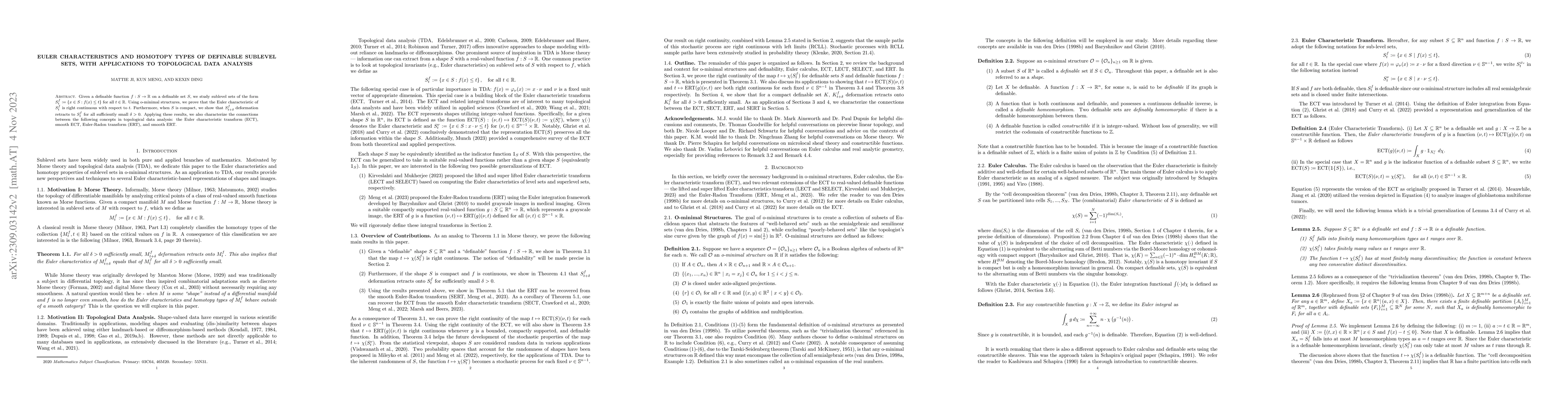 Thumbnail for Euler Characteristics and Homotopy Types of Definable Sublevel Sets,
  with Applications to Topological Data Analysis