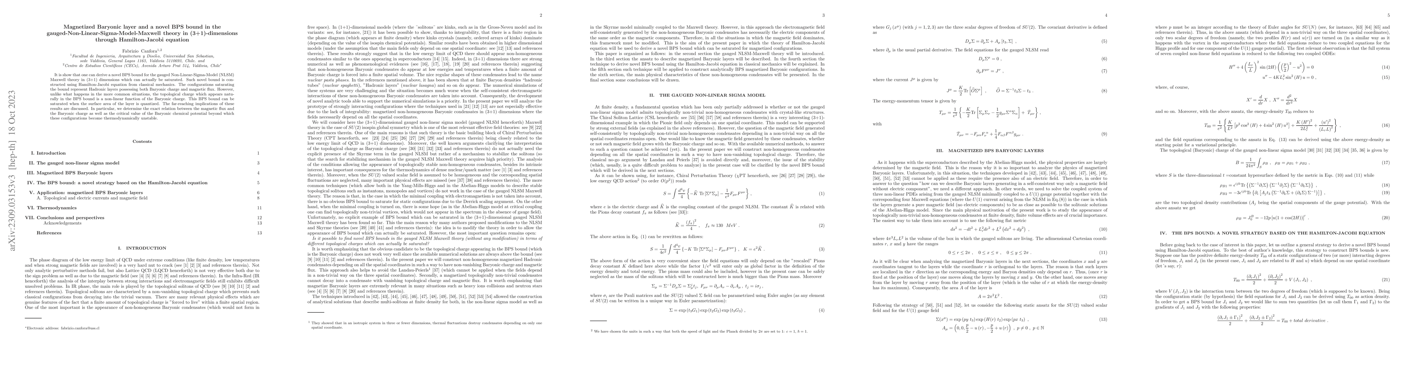 Thumbnail for Magnetized Baryonic layer and a novel BPS bound in the
  gauged-Non-Linear-Sigma-Model-Maxwell theory in (3+1)-dimensions through
  Hamilton-Jacobi equation