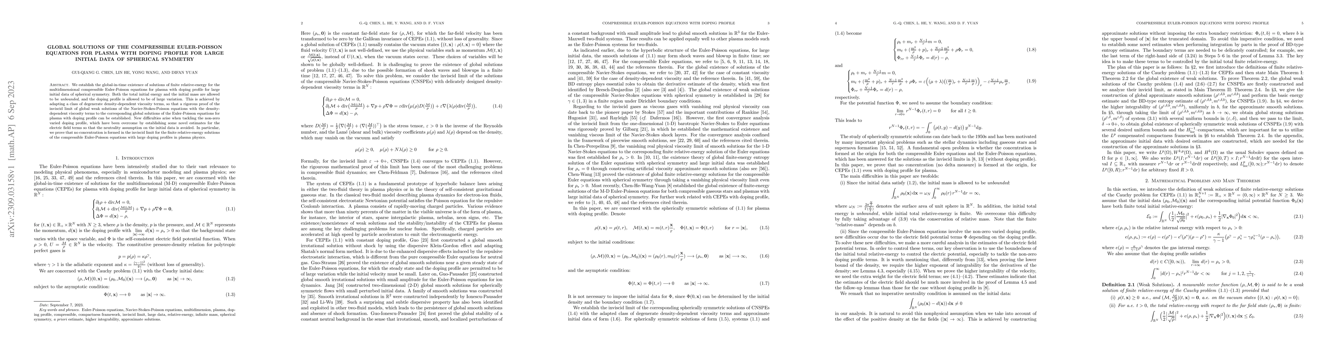 Thumbnail for Global Solutions of the Compressible Euler-Poisson Equations for Plasma
  with Doping Profile for Large Initial Data of Spherical Symmetry