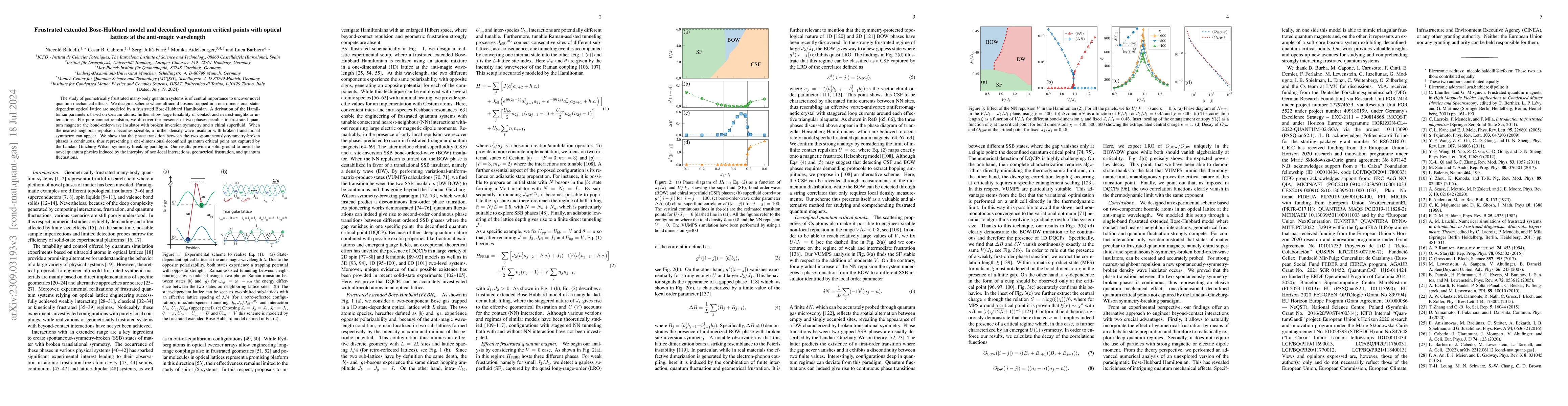 Thumbnail for Frustrated extended Bose-Hubbard model and deconfined quantum critical
  points with optical lattices at the anti-magic wavelength