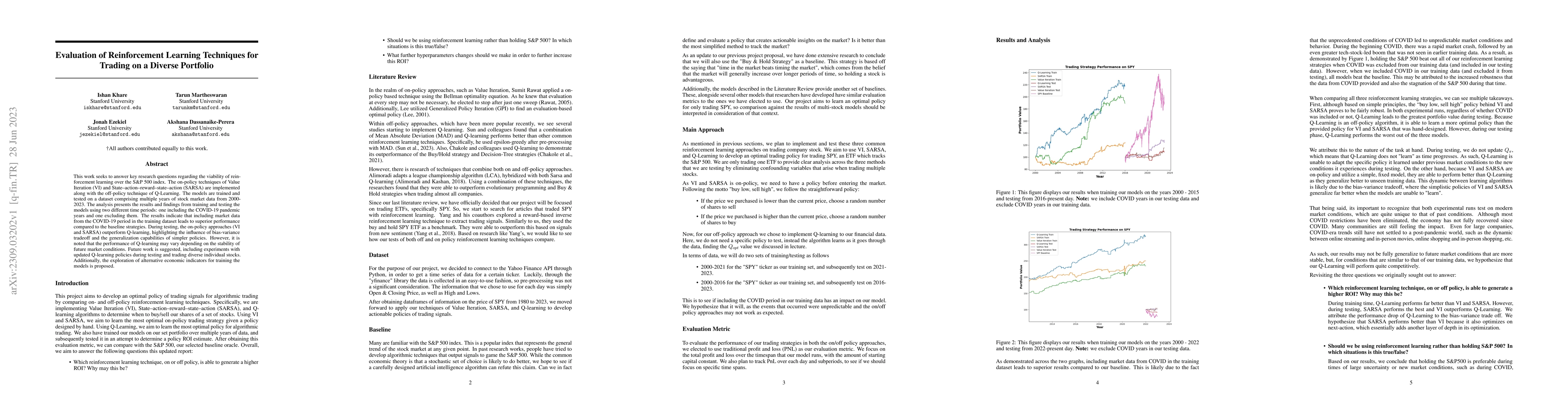Thumbnail for Evaluation of Reinforcement Learning Techniques for Trading on a Diverse
  Portfolio