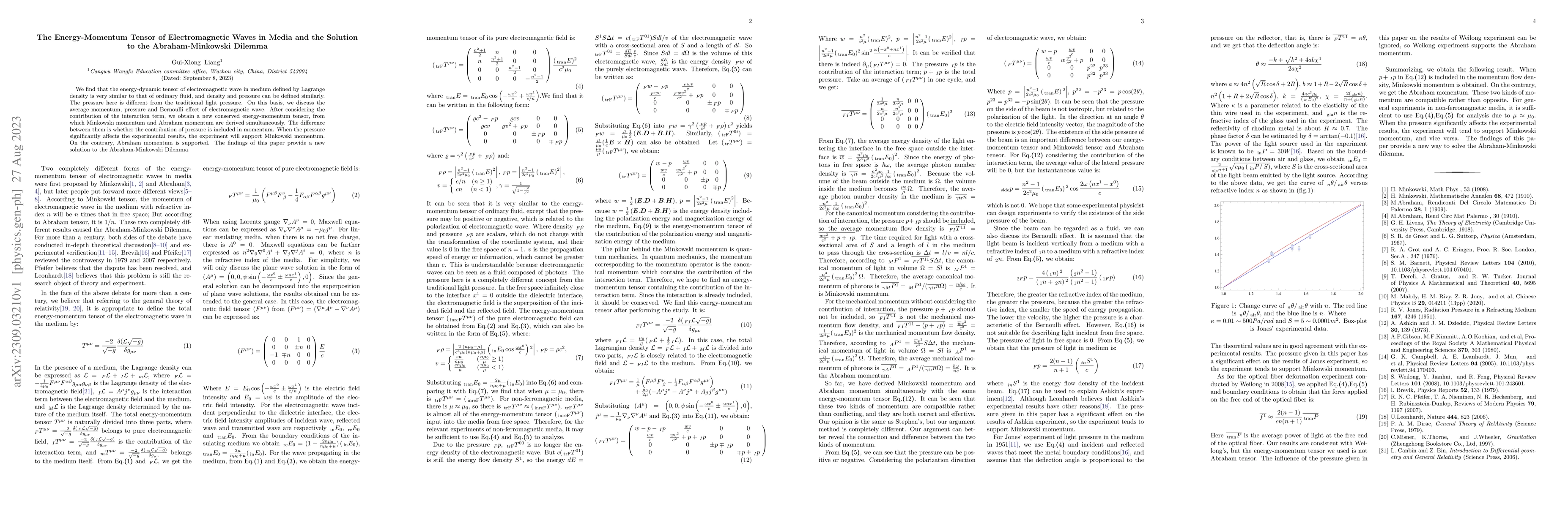Thumbnail for The Energy-Momentum Tensor of Electromagnetic Waves in Media and the
  Solution to the Abraham-Minkowski Dilemma