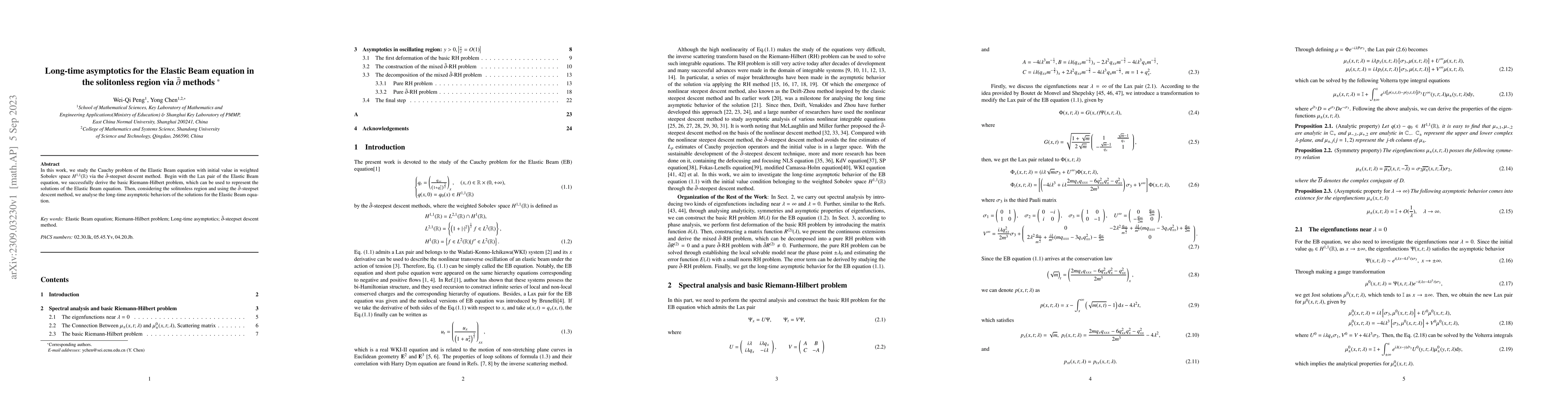 Thumbnail for Long-time asymptotics for the Elastic Beam equation in the solitonless
  region via $\bar{\partial}$ methods