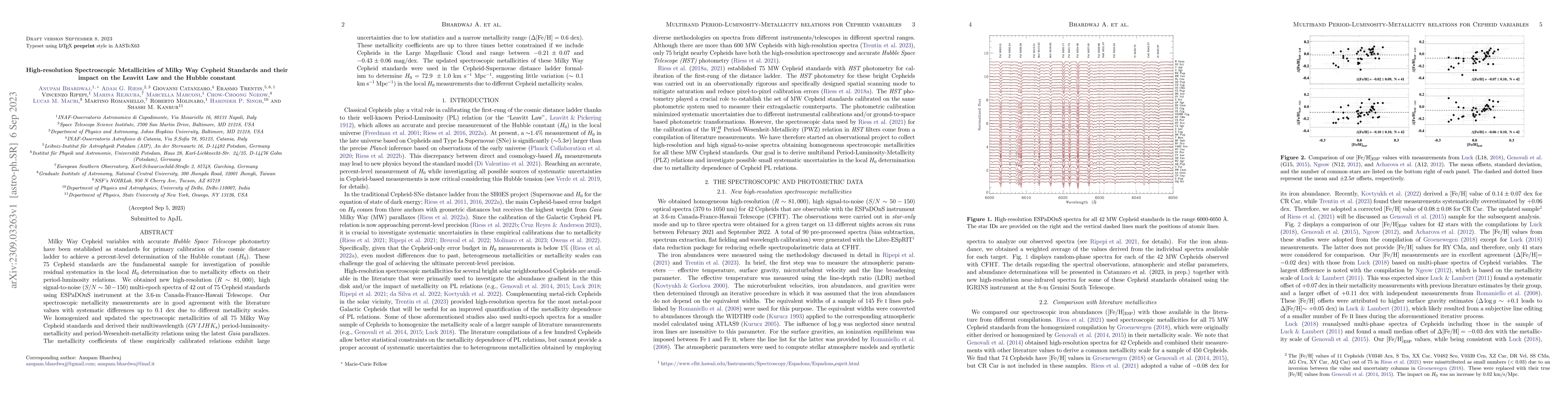 Thumbnail for High-resolution Spectroscopic Metallicities of Milky Way Cepheid
  Standards and their impact on the Leavitt Law and the Hubble constant