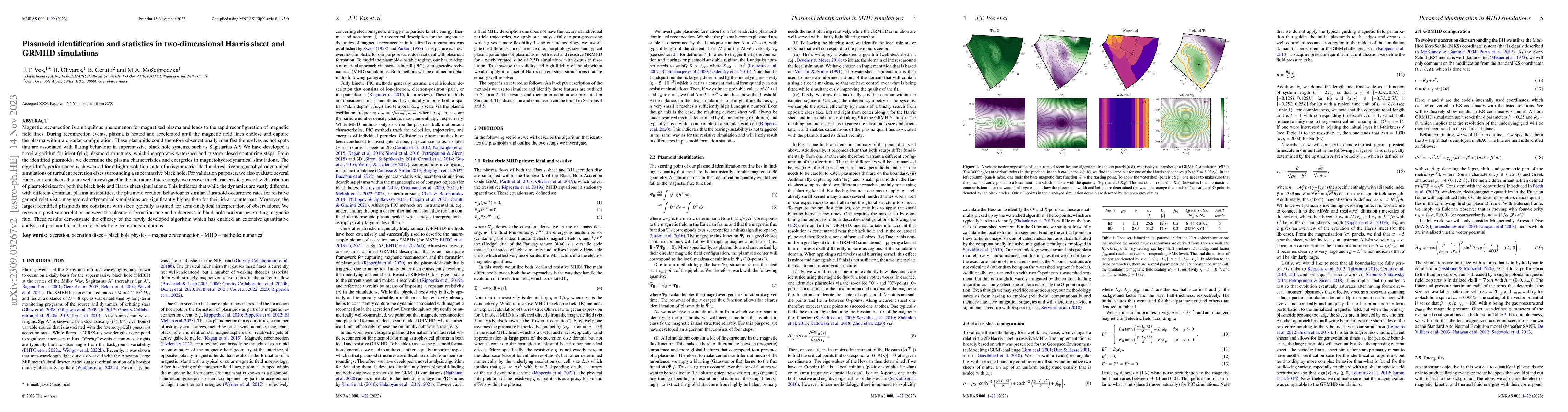 Thumbnail for Plasmoid identification and statistics in two-dimensional Harris sheet
  and GRMHD simulations