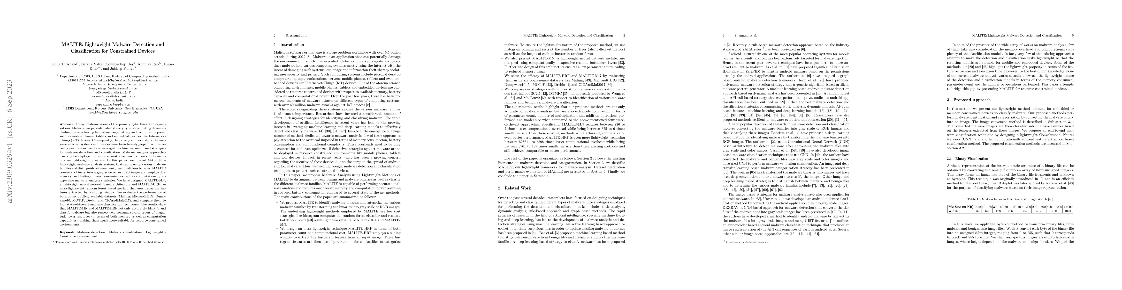 Thumbnail for MALITE: Lightweight Malware Detection and Classification for Constrained
  Devices