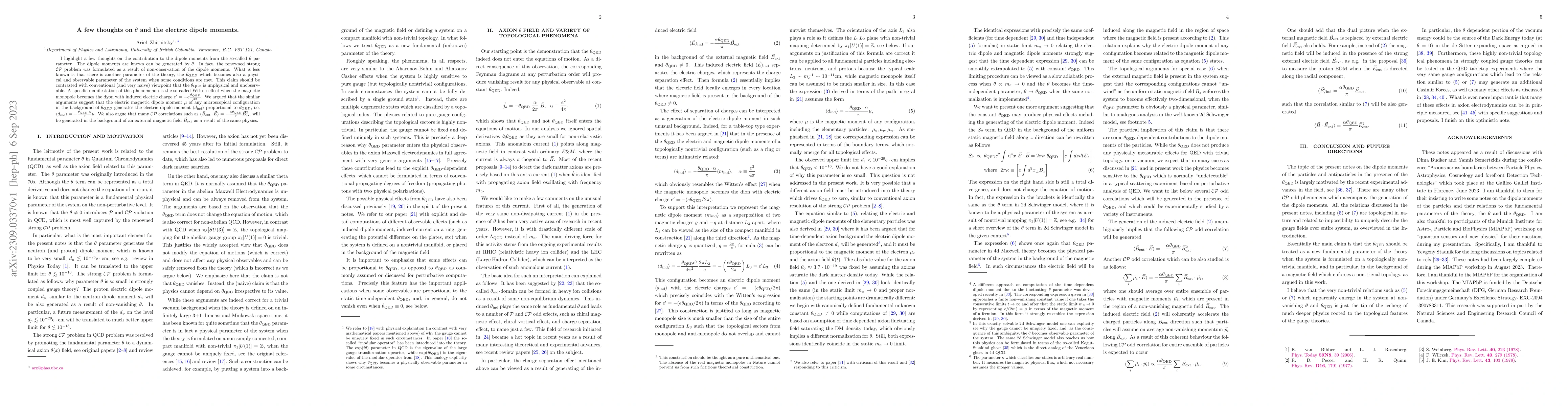 Thumbnail for A few thoughts on $\theta$ and the electric dipole moments