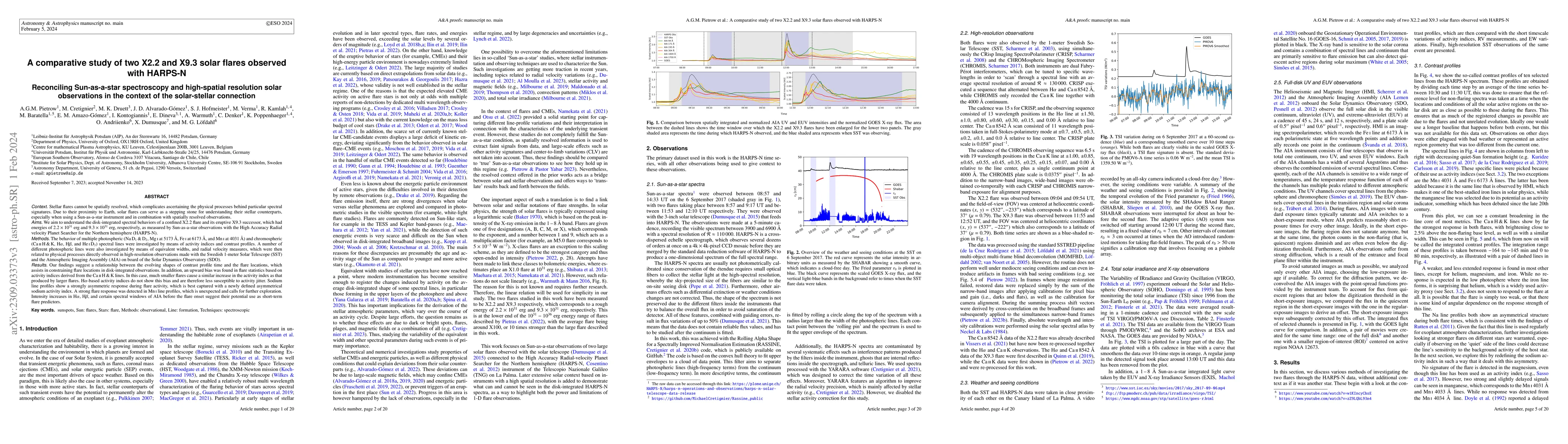Thumbnail for A comparative study of two X2.2 and X9.3 solar flares observed with
  HARPS-N: Reconciling Sun-as-a-star spectroscopy and high-spatial resolution
  solar observations in the context of the solar-stellar connection