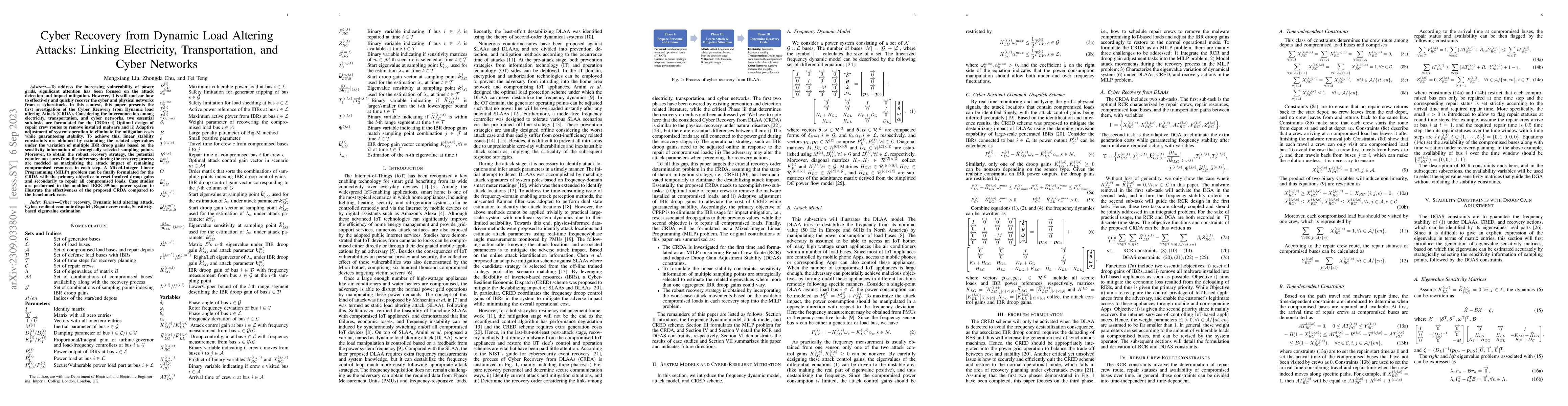 Thumbnail for Cyber Recovery from Dynamic Load Altering Attacks: Linking Electricity,
  Transportation, and Cyber Networks