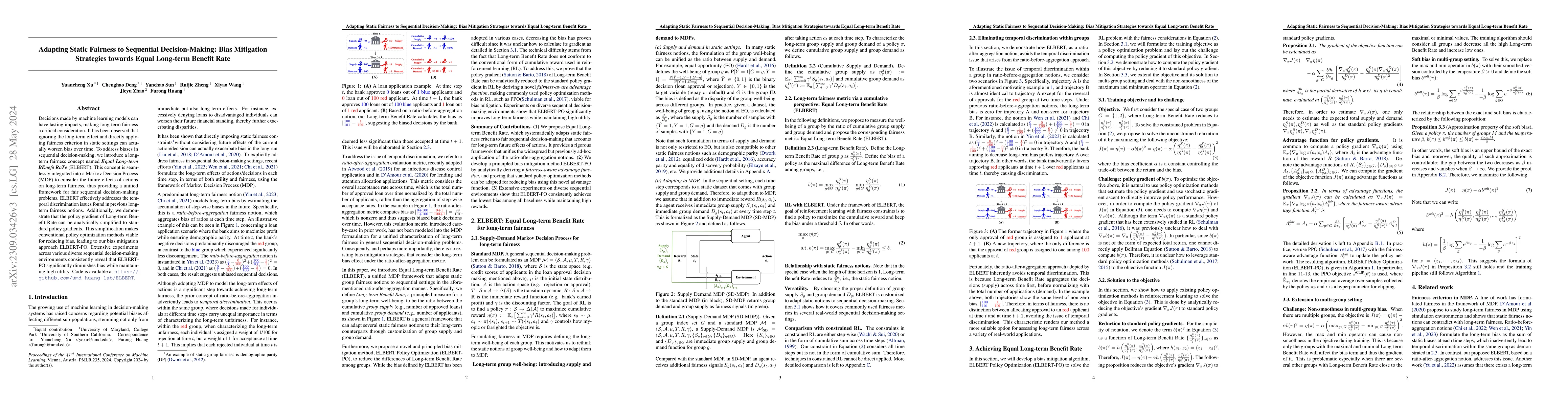 Thumbnail for Adapting Static Fairness to Sequential Decision-Making: Bias Mitigation
  Strategies towards Equal Long-term Benefit Rate
