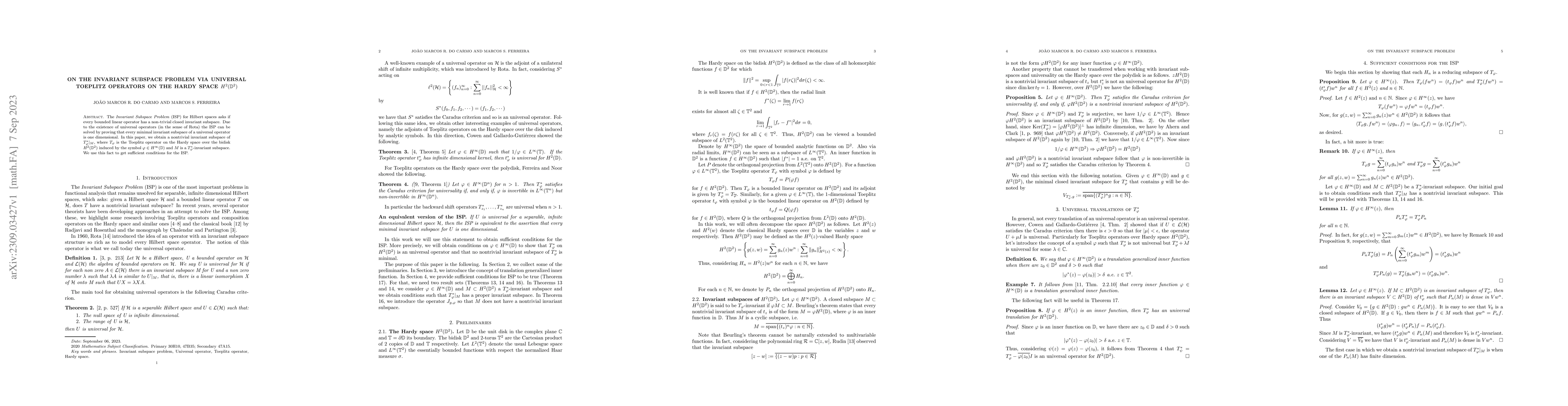 Thumbnail for On the invariant subspace problem via universal Toeplitz operators on
  the Hardy space $H^{2}(\mathbb{D}^{2})$
