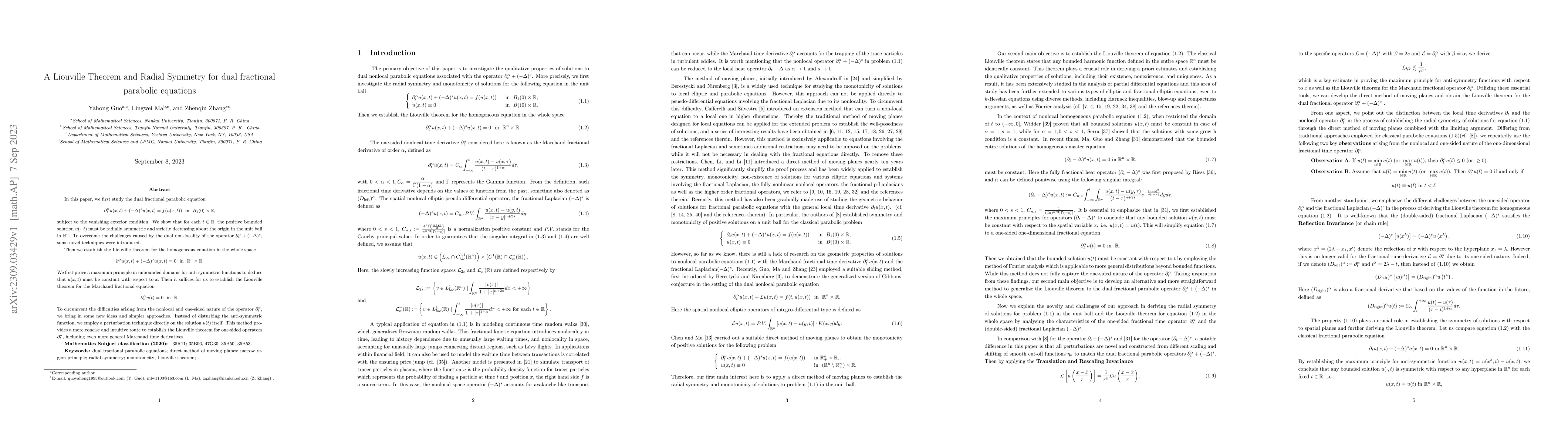 Thumbnail for A Liouville Theorem and Radial Symmetry for dual fractional parabolic
  equations