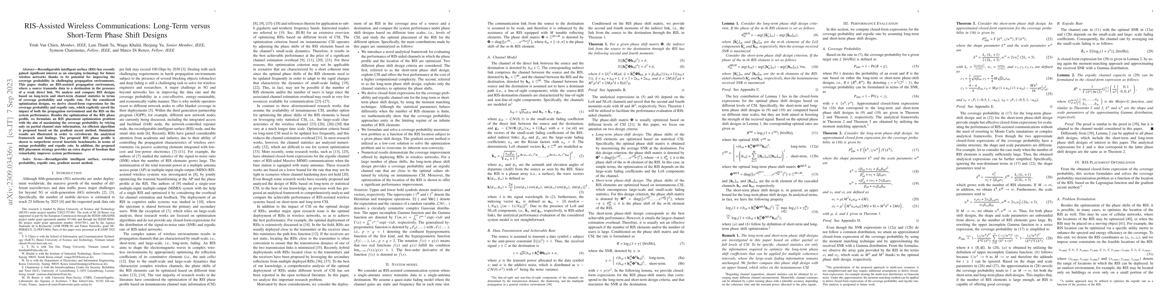 Thumbnail for RIS-Assisted Wireless Communications: Long-Term versus Short-Term Phase
  Shift Designs